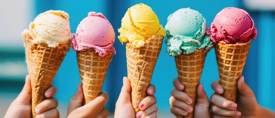 A group of friends or family members holding up their favorite ice cream flavors, perfect for summer days or special celebrations