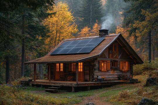 Rustic cabin with solar panels nestled in an autumn forest with smoke. Show sustainable living, green energy, and off-grid lifestyle concepts.