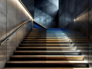 Fototapeta premium modern staircase, illuminated steps, blue LED lighting, dark concrete walls, industrial design, minimalist architecture