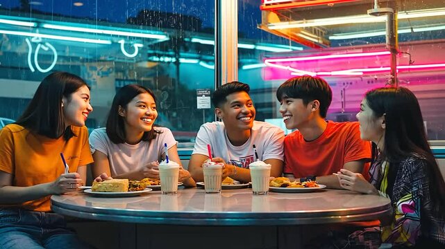 Frames A fun and energetic scene of a group of young people laughing and sharing burge a-2, 30889331