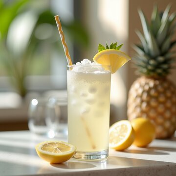tall glass lemonade white countertop glass filled ice cubes has yellow white striped straw slice lemon rim glass sprig mint top background pineapple few lemons countertop front window view greenery