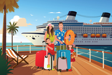 Family Traveling in Cruise Ship Vector Illustration
