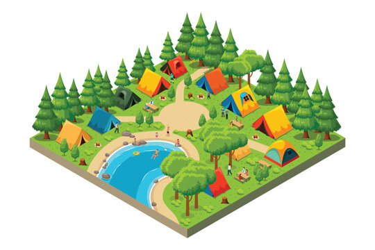 Isometric Map of a Camping Campground Vector Illustration
