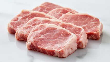 白背景に美しく並べられた新鮮な豚ロース肉スライス