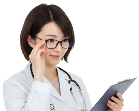 Female Doctor in White Coat Adjusting Glasses with Clipboard
