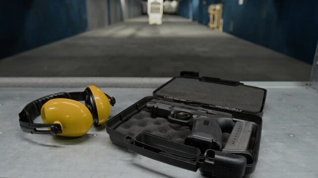 No people closeup of protective earmuffs and firearm in soft black padded case on counter in shooting stall at gun club before practice or training with instructor