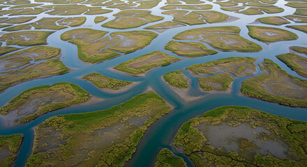 Stunning Aerial View of Intricate Tidal Patterns in Lush Wetlands