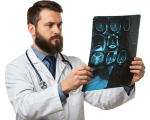 Focused Male Doctor Examining X-ray Film on Plain Background