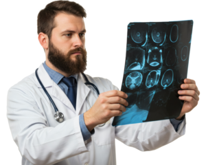 Focused Male Doctor Examining X-ray Film on Plain Background