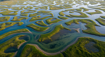 Intricate Aerial View of Tidal Channels and Green Wetlands
