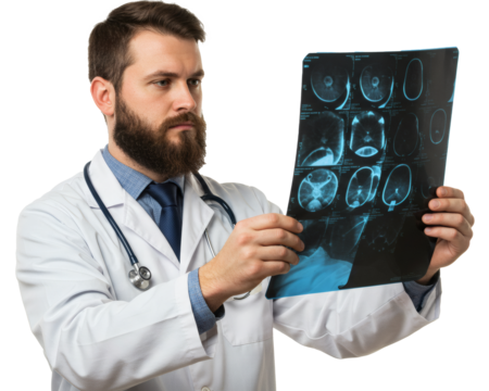Focused Male Doctor Examining X-ray Film on Plain Background - Powered by Adobe