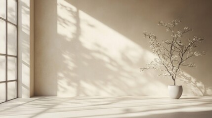 Minimalist Beige Room with Potted Plant and Sunlight
