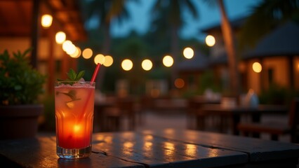 glass drink wooden table restaurant bar glass filled red colored drink has red straw sprig mint top background blurred appears outdoor setting palm trees string lights hanging ceiling lighting soft