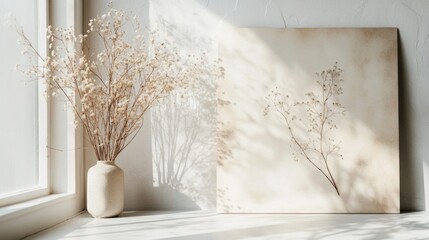 Dried Flowers in Vase with Beige Artwork in Sunlight