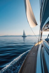 Obraz premium A sailboat sailing in the ocean with another sailboat in the distance, suitable for use as a scenic background or a nautical-themed image