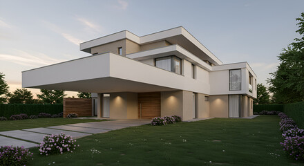 Architect-designed home with cantilevered roof and clean lines at dusk