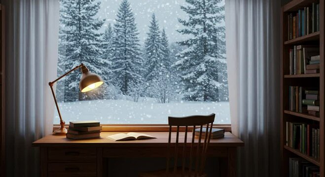Winter snow falling outside window with a desk and lamp