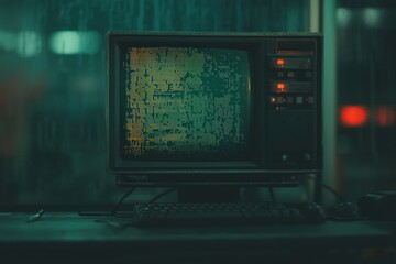 Vintage computer displaying glitch art in a dimly lit room during a rainy night Generative AI