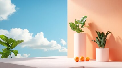 Bright and airy interior with potted plants and oranges on a ledge