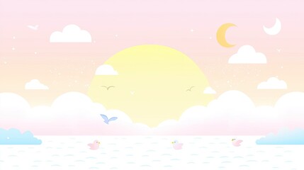 Pastel sunrise over water with birds; cute background for children's book