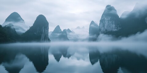 Serene landscape with misty mountains reflected in calm water under a cloudy sky.