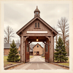 Obraz premium Vintage train station entrance in sepia tones, nostalgic atmosphere