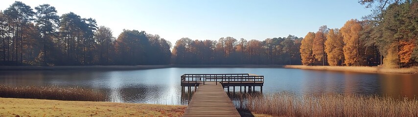 Tranquil lake scene with wooden dock in autumn.