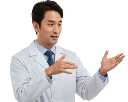 Male Doctor in Lab Coat Gesturing to Explain Medical Concept