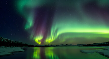 Stunning Display of Northern Lights Over a Frozen Lake in Winter