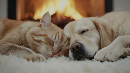 Obraz premium Two Pets Sleeping Close Together Near Fireplace
