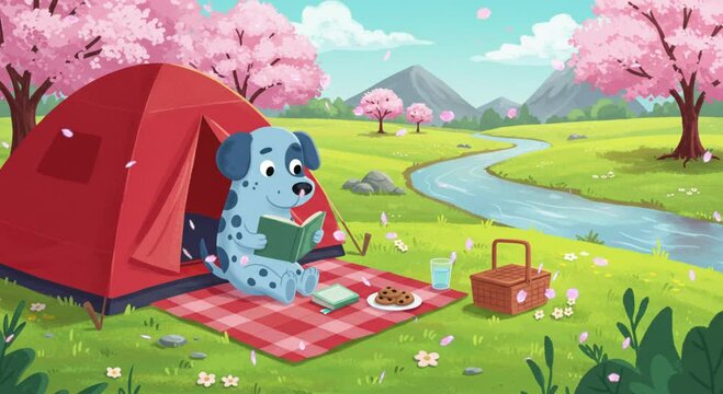 Cartoon dog reading a book by tent with blooming sakura in spring park