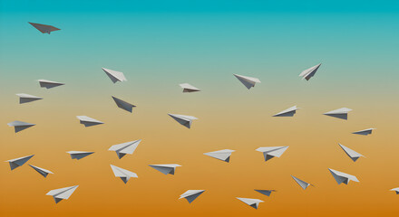 Fototapeta premium Vivid Gradient Background with Multiple Paper Airplanes in Flight