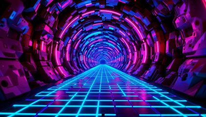 A mesmerizing and futuristic neon tunnel, a dazzling blend of vibrant hues, creating an illusion of endless depth. This vibrant backdrop evokes a sense of wonder and anticipation.