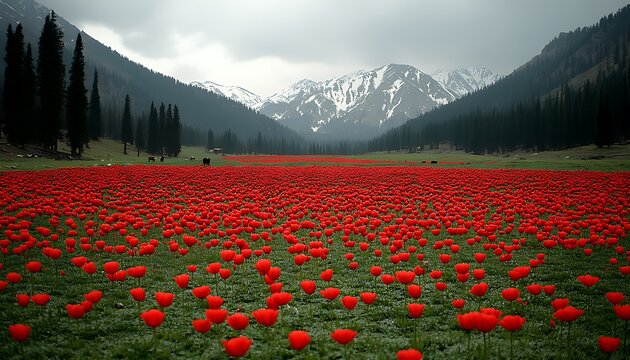 Red poppy field in mountainous valley.