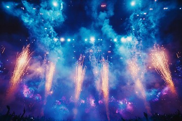 Smoke and pyrotechnics bursting during a high-end concert, adding a thrilling and explosive visual element to the performance