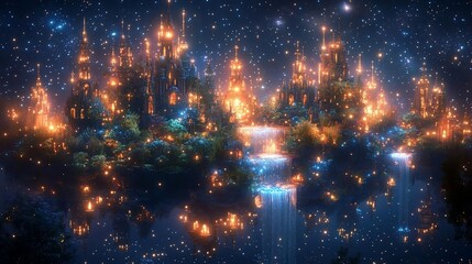 Fototapeta premium Glowing Floating Island City at Night with Waterfalls and Starry Sky