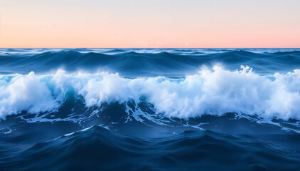 A vast expanse of the deep blue ocean, its powerful waves crashing against each other in an awe-inspiring display of nature's force, painted in the hues of a breathtaking sunrise.