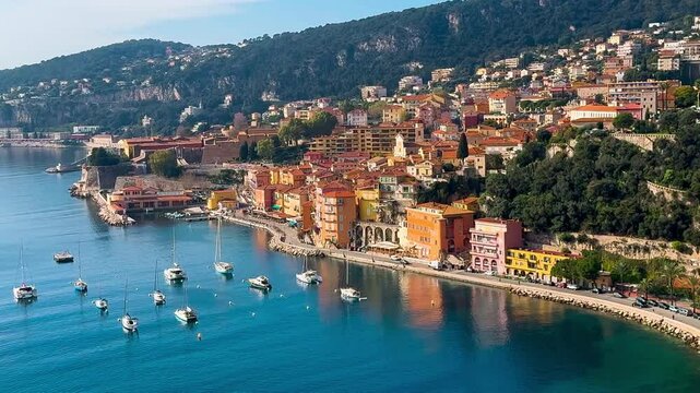Panoramic view from above of turquoise sea, colorful houses, marina and waterfront Villefranche-sur-Mer Cote d'Azur France, Provence, Alps. High quality 4k footage