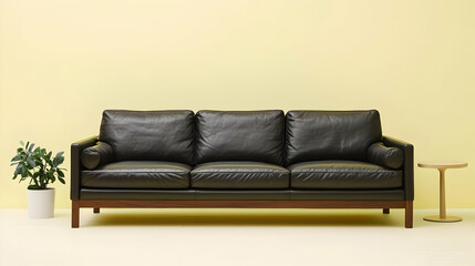 Fototapeta premium Black Leather Sofa With Wooden Legs In A Stylish Minimalist Living Room