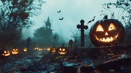Obraz premium Spooky Halloween pumpkins in graveyard; misty night