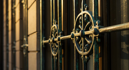 Elegant Bronze Window Frames with Intricate Designs in Urban Setting