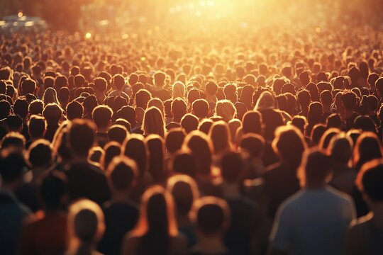A massive crowd at an outdoor music festival, soaking in the vibrant atmosphere as the sun sets over the stage