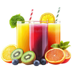 Refreshing trio of vibrant fruit juices, bursting with summery flavors and surrounded by juicy oranges, kiwis, and blueberries, under bright studio lighting.
