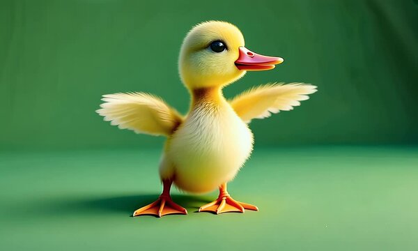 tiny yellow duckling waddling around and flapping its little wings with excitement, fully isolated on a bright green background in hd video