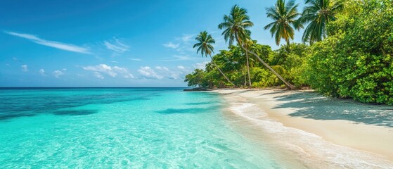 A serene sandy beach with palm trees swaying in the breeze, surrounded by crystal-clear water