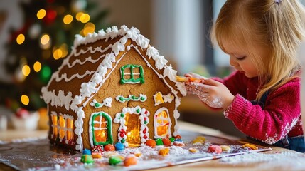 A little girl decorates a gingerbread house with icing and candies