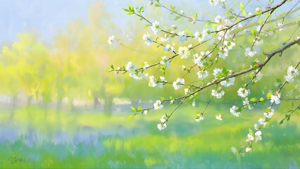Blurred Green Background with Spring Blossoms - Serene Nature