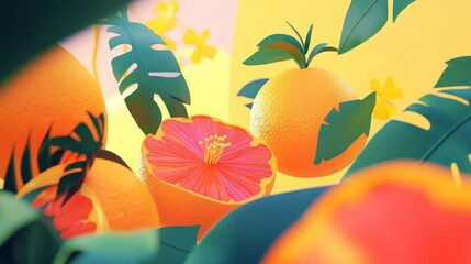 Naklejka premium Vibrant orange fruits, tropical leaves, and flowers in a stylized 3D composition
