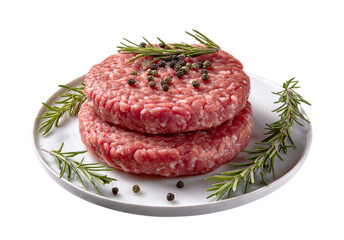Fresh Meat on Plate: Raw minced meat patties delicately arranged on a pristine white plate, garnished with fresh rosemary and peppercorns.