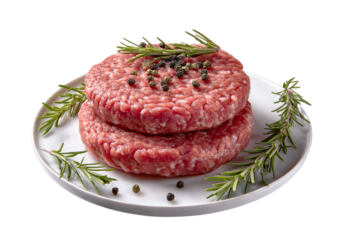 Fresh Meat on Plate: Raw minced meat patties delicately arranged on a pristine white plate, garnished with fresh rosemary and peppercorns.